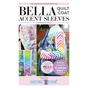 ByAnnie Quilting Elissa Bella Quilt Coat Accent Sleeves Expansion Pack - Quilting Elissa Bella Accent Sleeves FPP Expansion Pack pattern cover showing finished Bella Quilt Coat with decorated sleeves