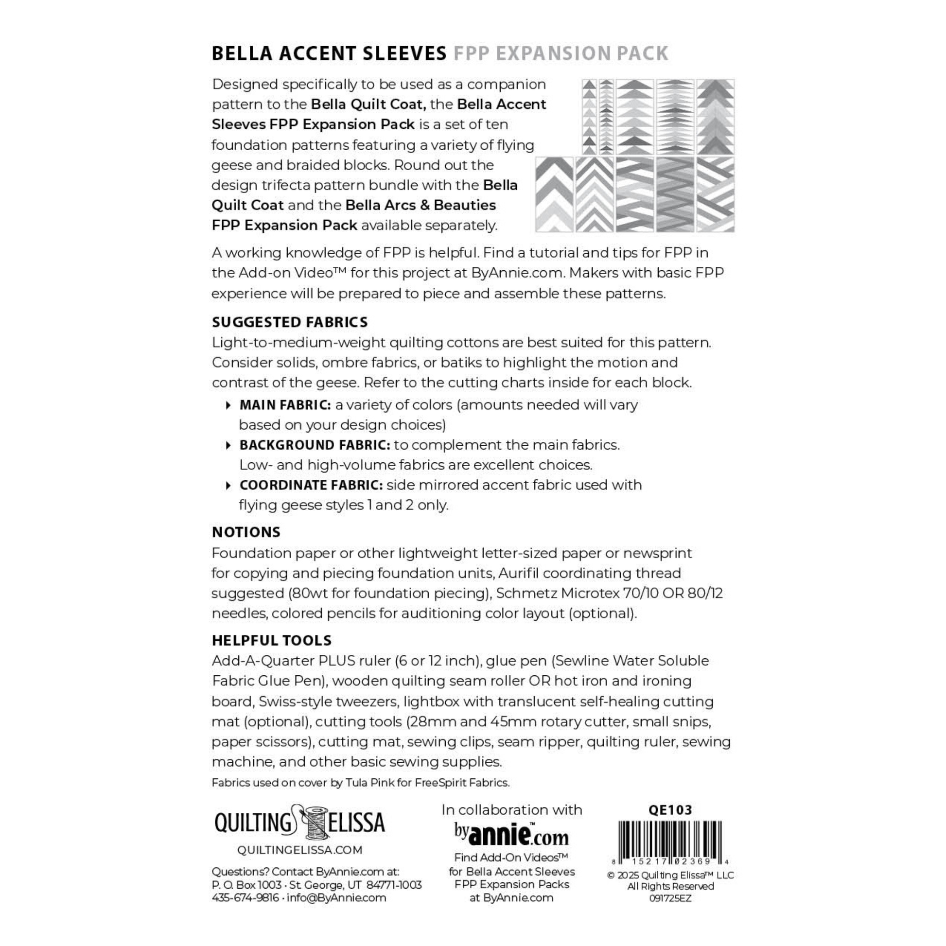 ByAnnie Quilting Elissa Bella Quilt Coat Accent Sleeves Expansion Pack - Fabric requirements, notions and helpful tools.