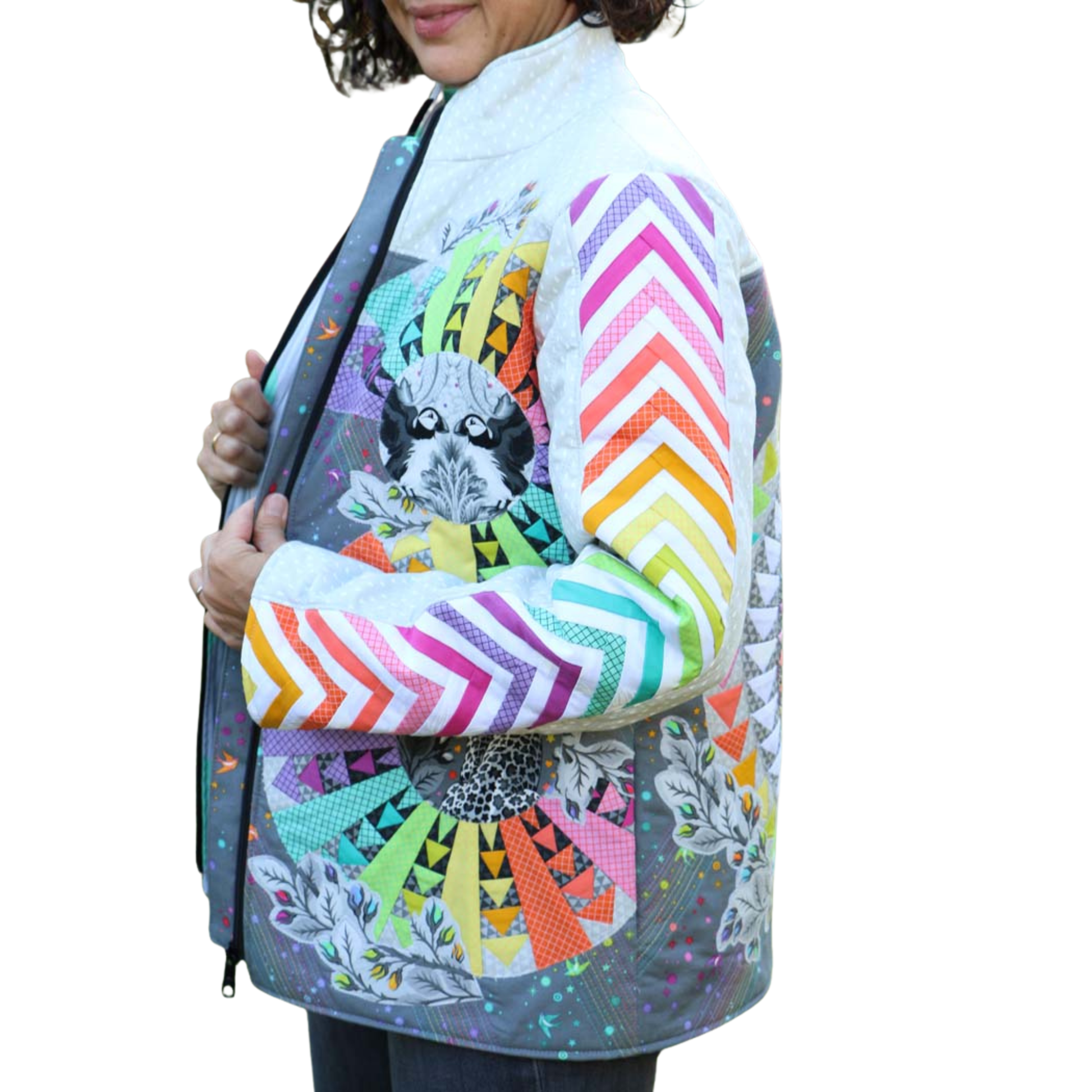 ByAnnie Bella Quilt Coat sleeve showing braided block FPP design in contrasting fabrics