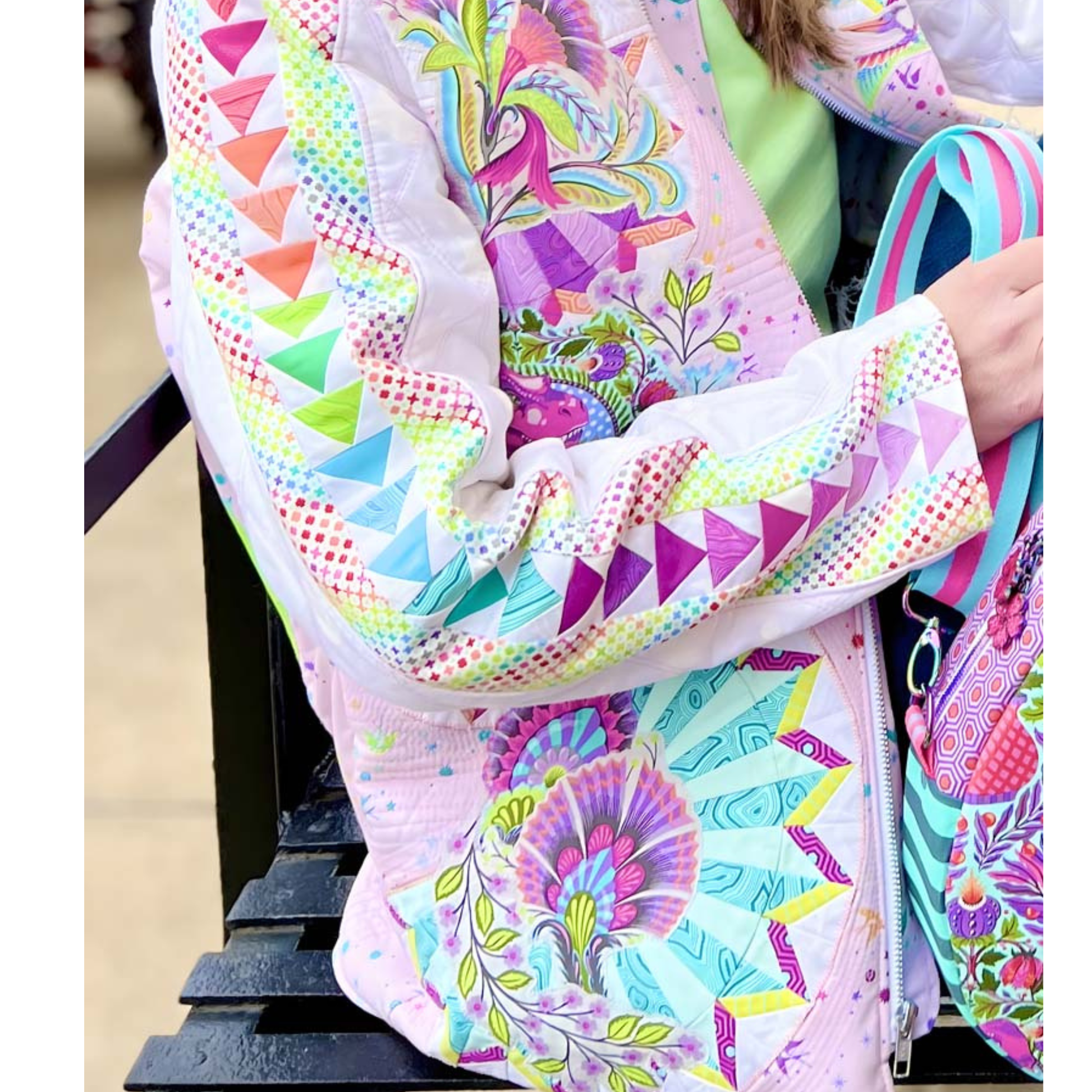 ByAnnie Quilting Elissa Bella Quilt Coat Accent Sleeves Expansion Pack - Bella Quilt Coat sleeve showing Flying Geese Style 1 with set-in geese and coordinating flanking fabric