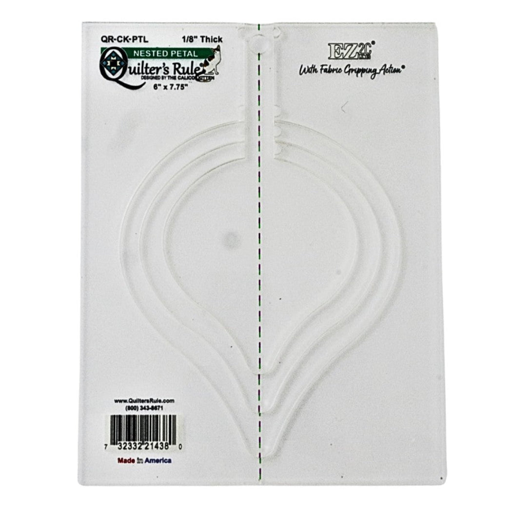 Clear plastic rectangular quilting template with three graduated petals. There are easy to see registration marks and a non slip backing that provides a fabric gripping action.