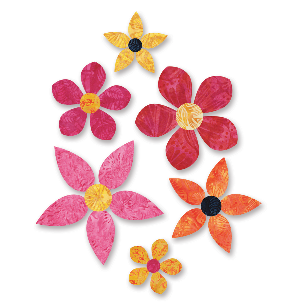 Six fabric appliqué flowers made with AccuQuilt GO! Garden Variety #1 shapes, showing pink, red, orange and yellow petals in three sizes with contrasting circular centres.