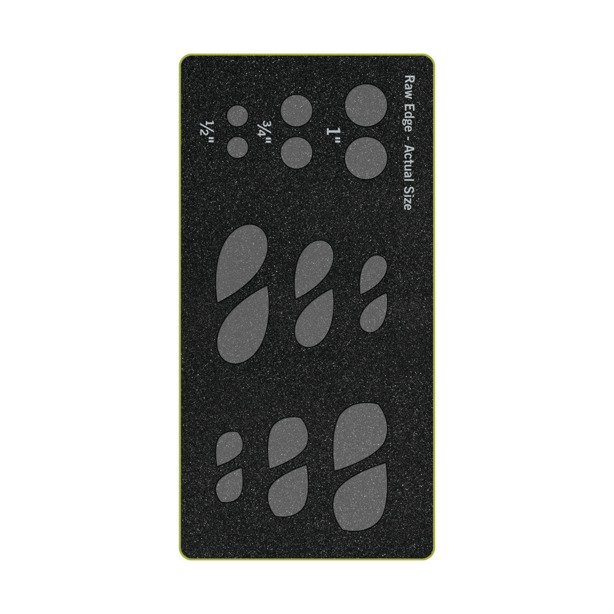 AccuQuilt GO! Garden Variety #1 Raw Edge die showing eighteen circular flower centres and petal shapes in three sizes on black and grey foam.