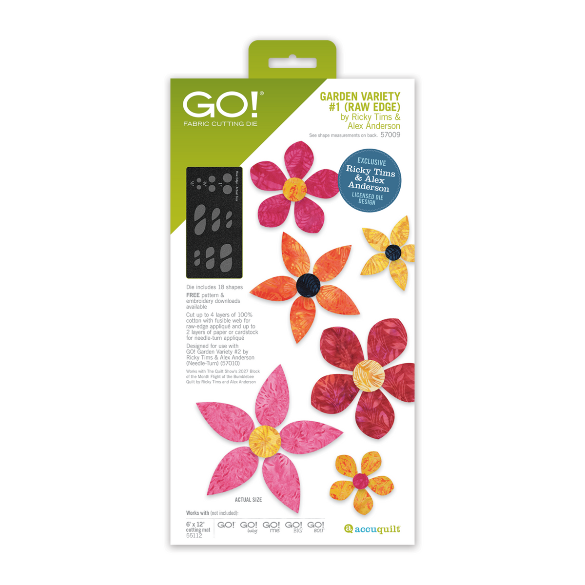 AccuQuilt GO! Garden Variety #1 Raw Edge die packaging by Ricky Tims and Alex Anderson, showing the die layout and colourful fabric appliqué flowers.