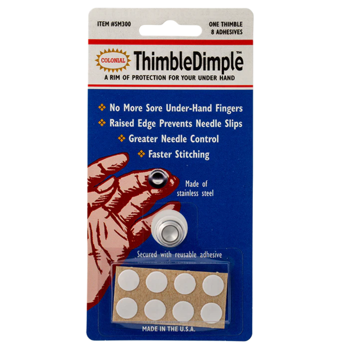 Colonial Thimble Dimple adhesive thimbles for hand protection and faster stitching.