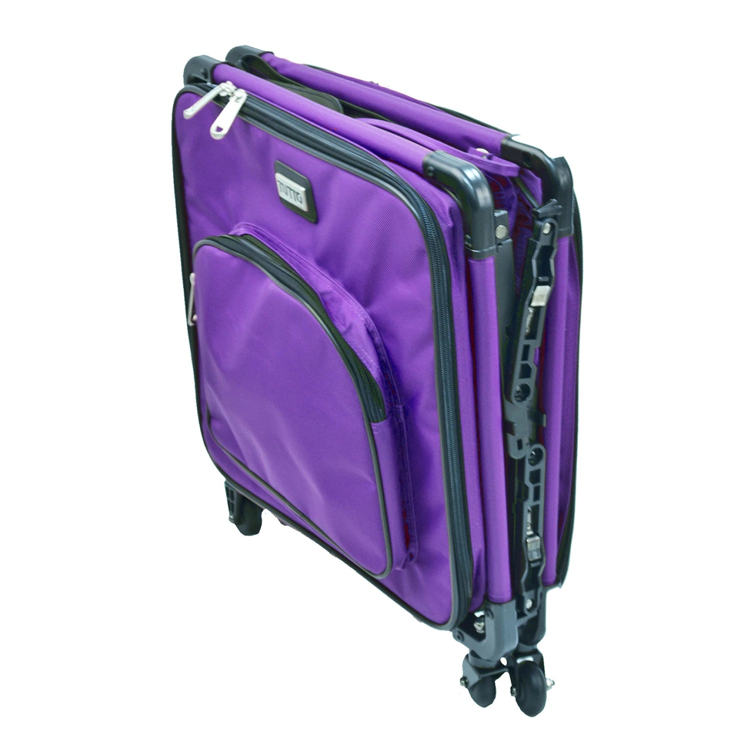  Tutto Overlocker Tote On Wheels 20" in Purple- ballistic nylon serger carry-on with wheels folded for storage