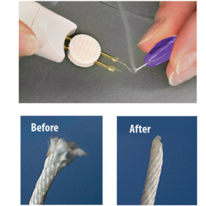 Taylor Seville Thread Genie in use - sealing a synthetic thread end with the heated tip
