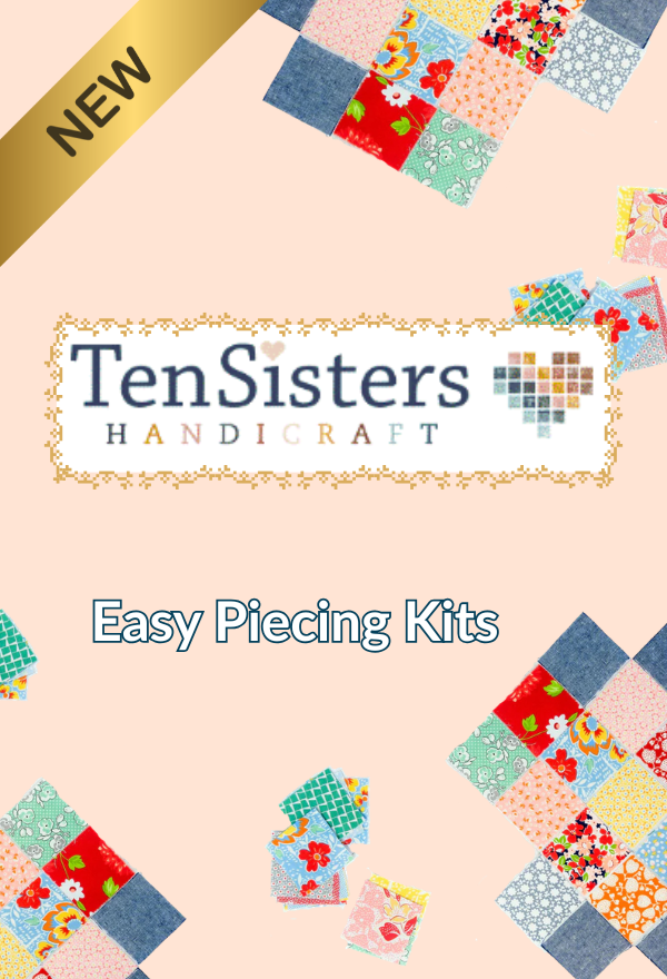 Ten Sisters Handicraft Easy Piecing Kits promotional graphic with colourful patchwork quilt blocks scattered on a blush pink background, gold "NEW" ribbon in the top left corner, portrait format