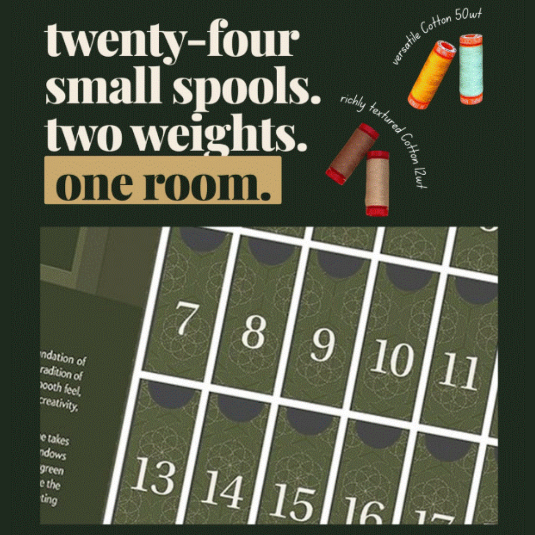 Aurifil Il Salotto 2026 Advent Calendar showing 24 numbered doors with Cotton 50wt and Cotton 12wt thread spools on a dark green background