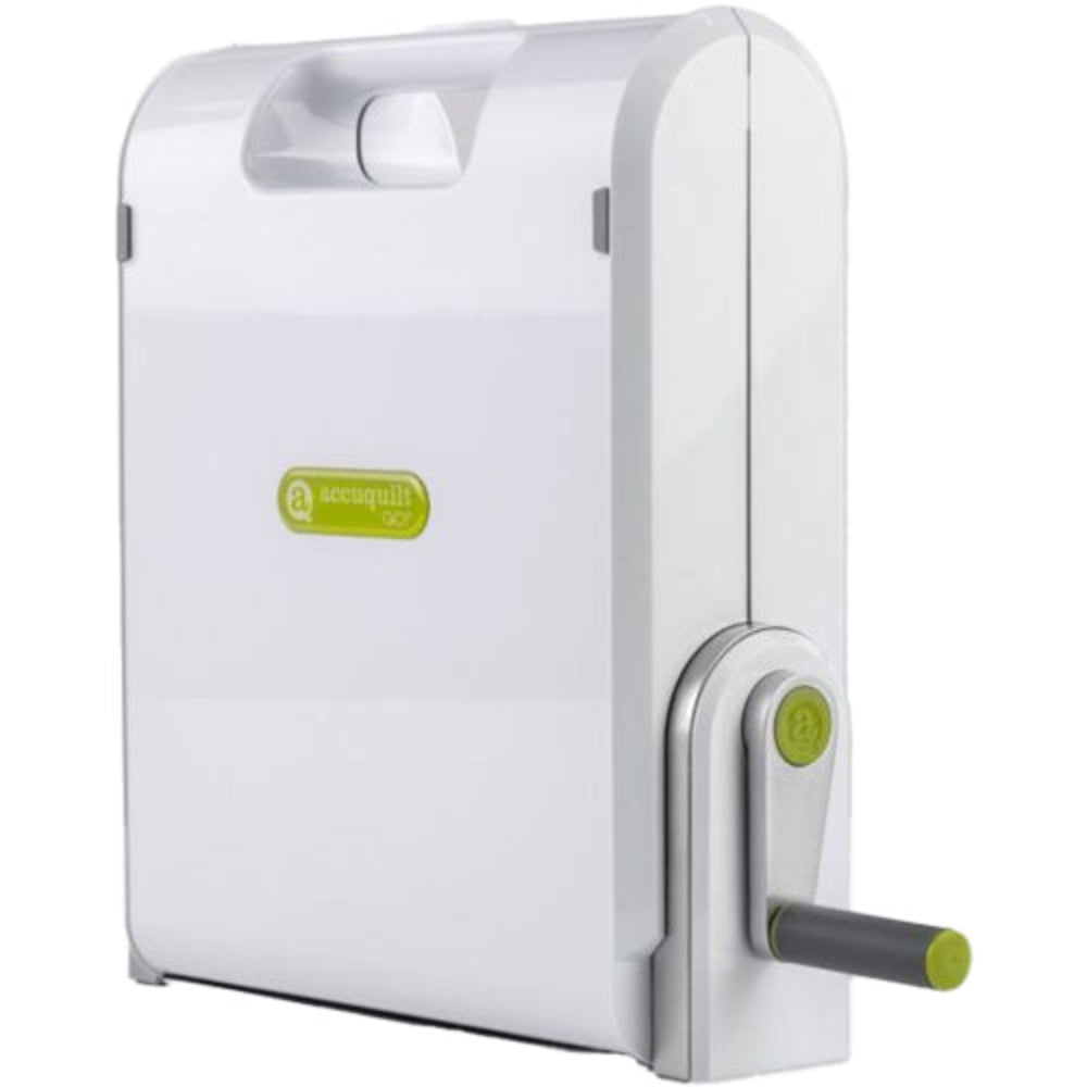 Accuquilt Go! Fabric Cutter in white with green accents on the side.