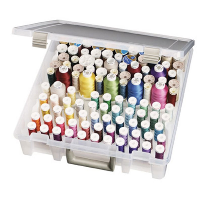 Artbin Super Satchel Thread Case - open showing two removable spooled trays and different thread spools