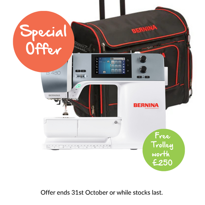 Bernina B480 Special Offer promotional image - sewing machine with black and red carry bag bundle on white background