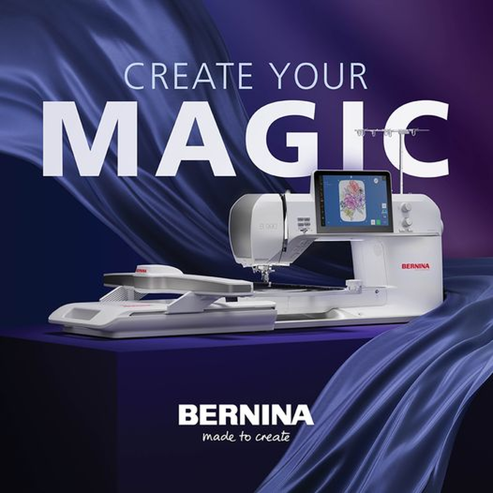 Bernina 990 Boot Camp course - Bernina 990 embroidery machine shown on blue background with Create Your Magic branding