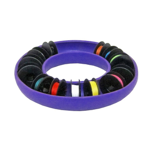 Blue Feather rubber ring bobbin holder in purple showing, multiple bobbins with various colour thread