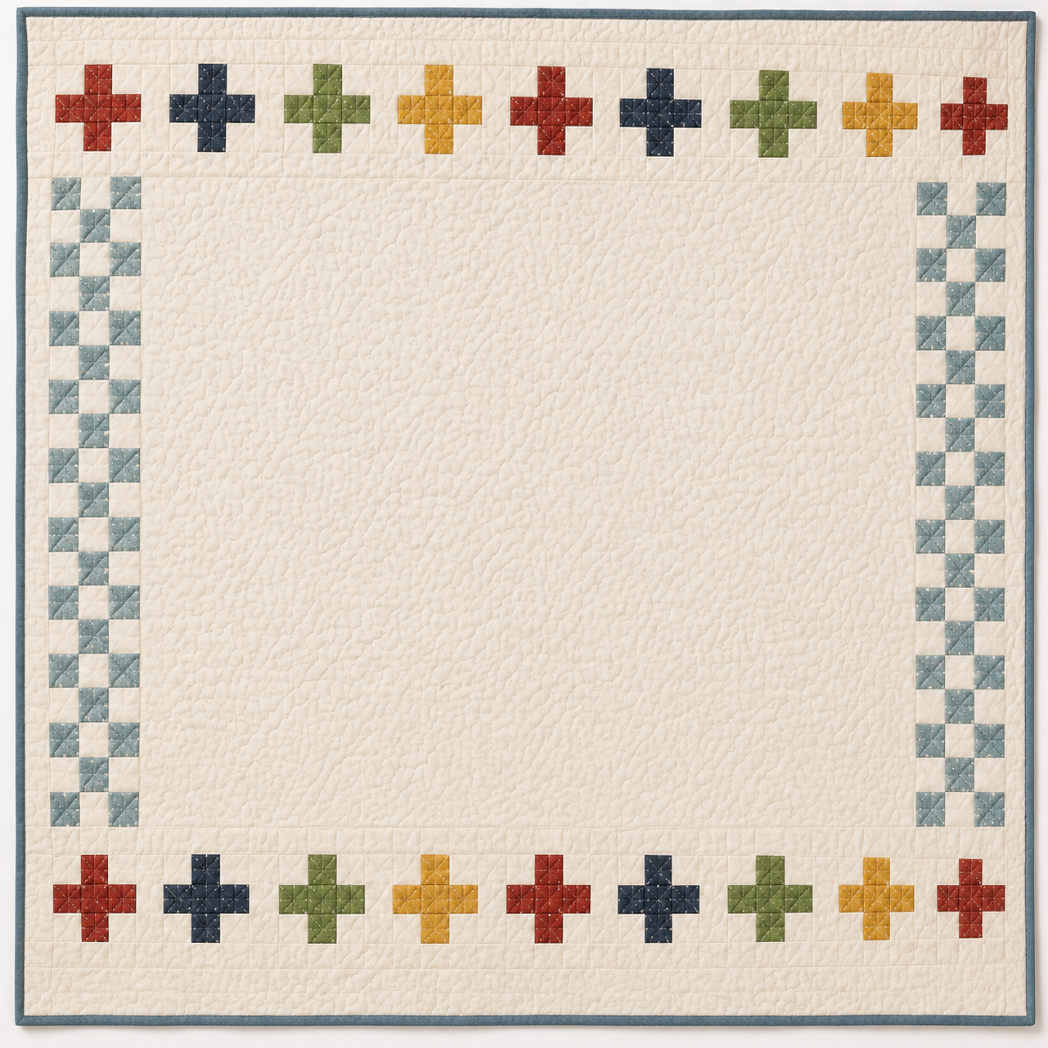 Cream quilt with a border of multicoloured plus sign blocks in red, navy, green, gold, and blue-grey on a white background, with a slate blue binding