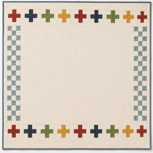 Cream quilt with a border of multicoloured plus sign blocks in red, navy, green, gold, and blue-grey on a white background, with a slate blue binding