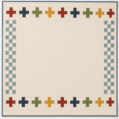 Cream quilt with a border of multicoloured plus sign blocks in red, navy, green, gold, and blue-grey on a white background, with a slate blue binding