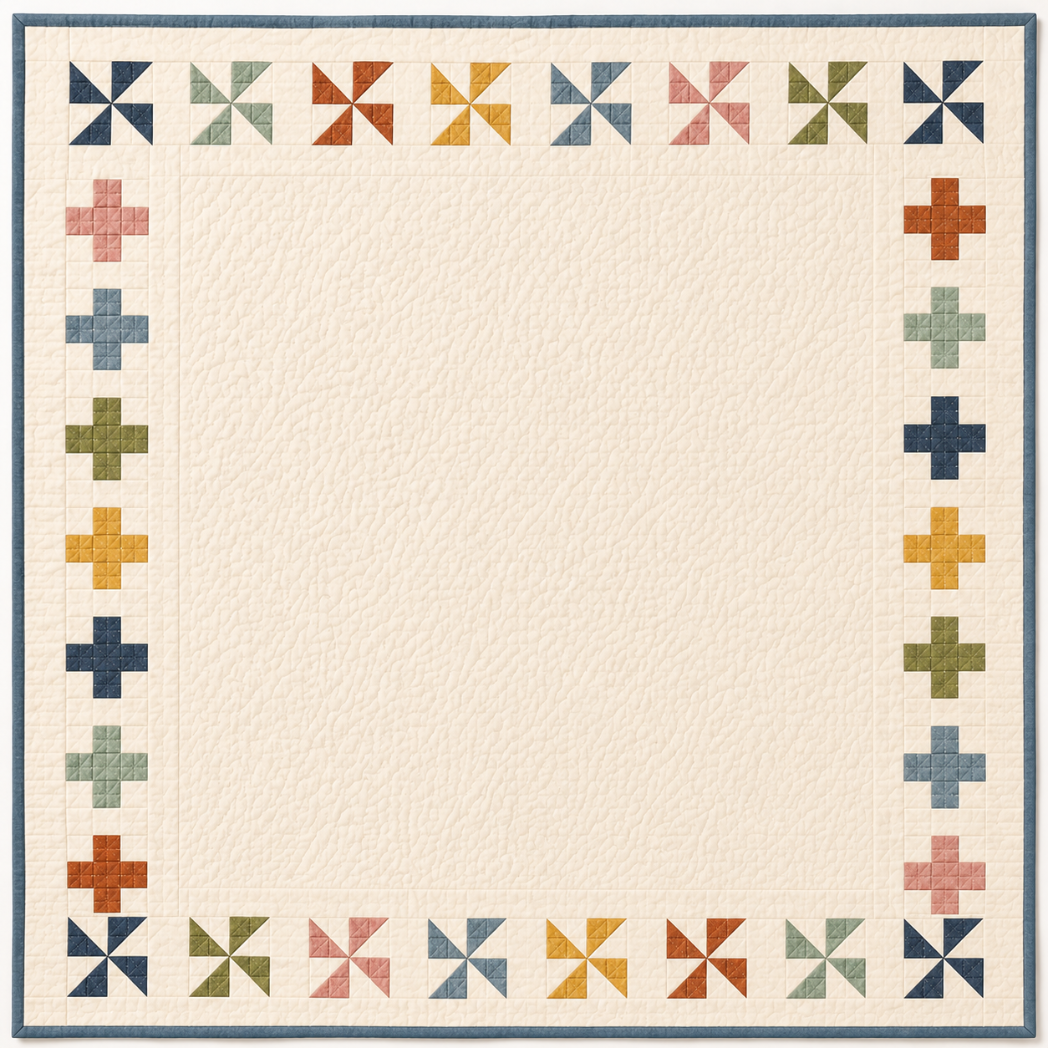 Cream quilt with a double border featuring multicoloured pinwheel blocks along the top and bottom and plus sign blocks along the sides, in muted tones of navy, pink, gold, sage, blue-grey, and terracotta, with a slate blue binding