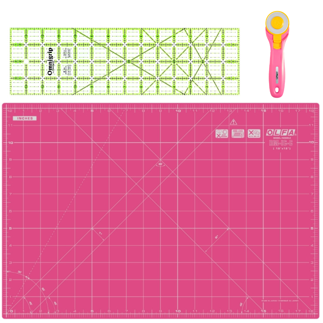 Compact Rotary Cutting Starter Kit Pink - Olfa 45mm Colour Cutter Mat and Omnigrip Ruler