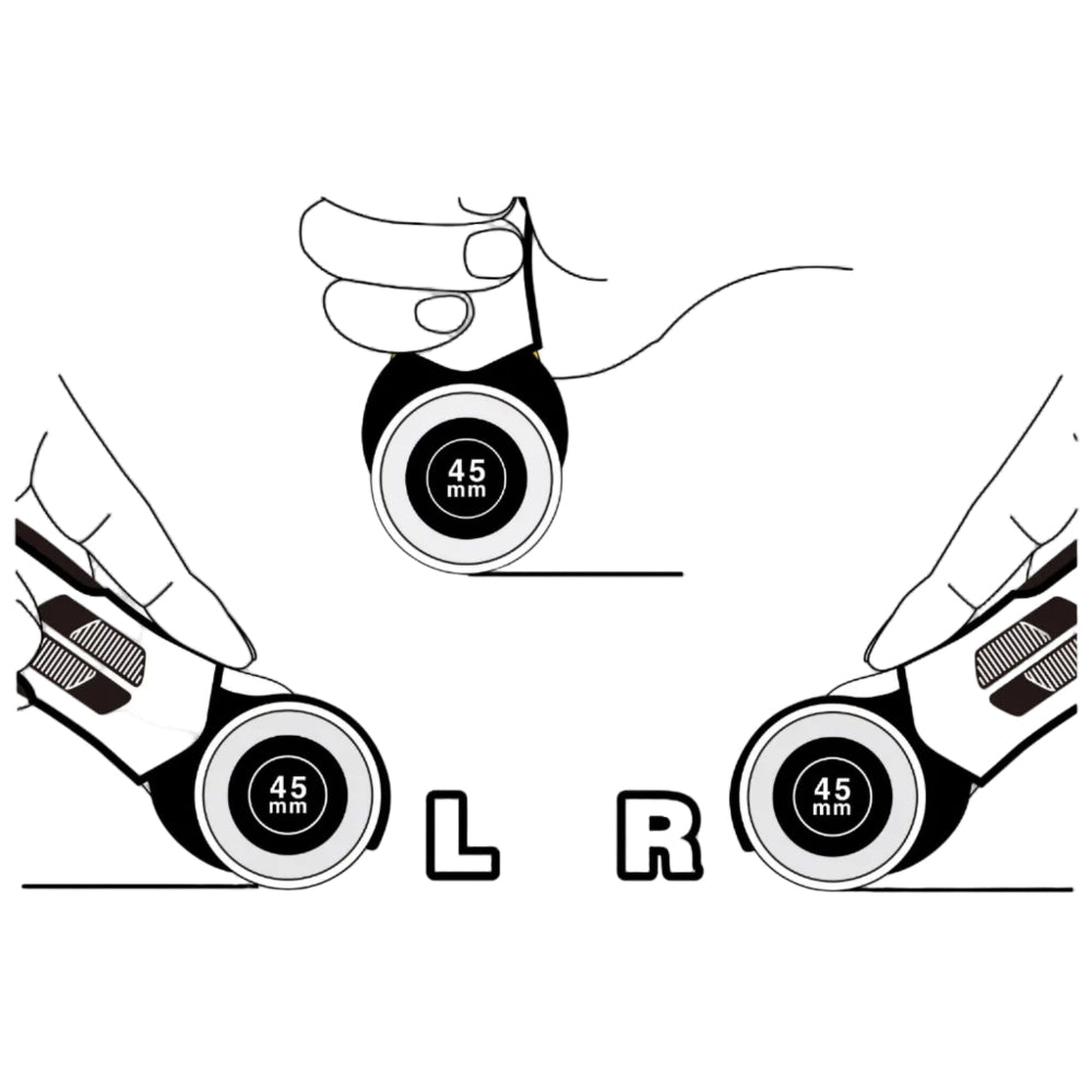 Illustration of a hand holding a circular object with measurement markings, labeled 'L' and 'R'.
