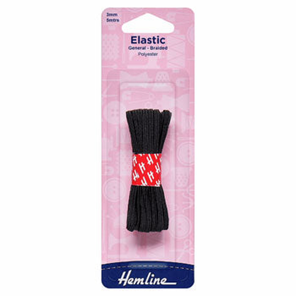 Hemline General Purpose Braided Elastic 5m x 3mm - Black