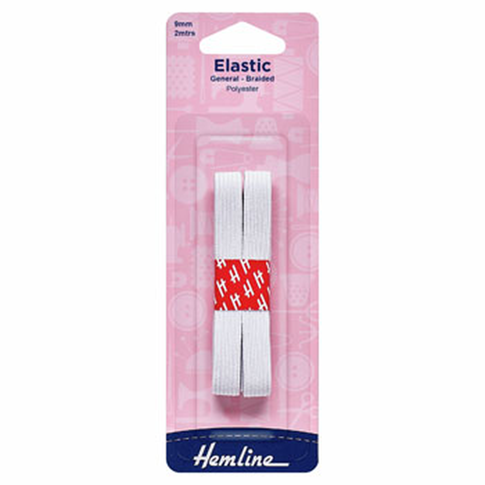 Hemline General Purpose Braided Elastic 2m x 9mm - White