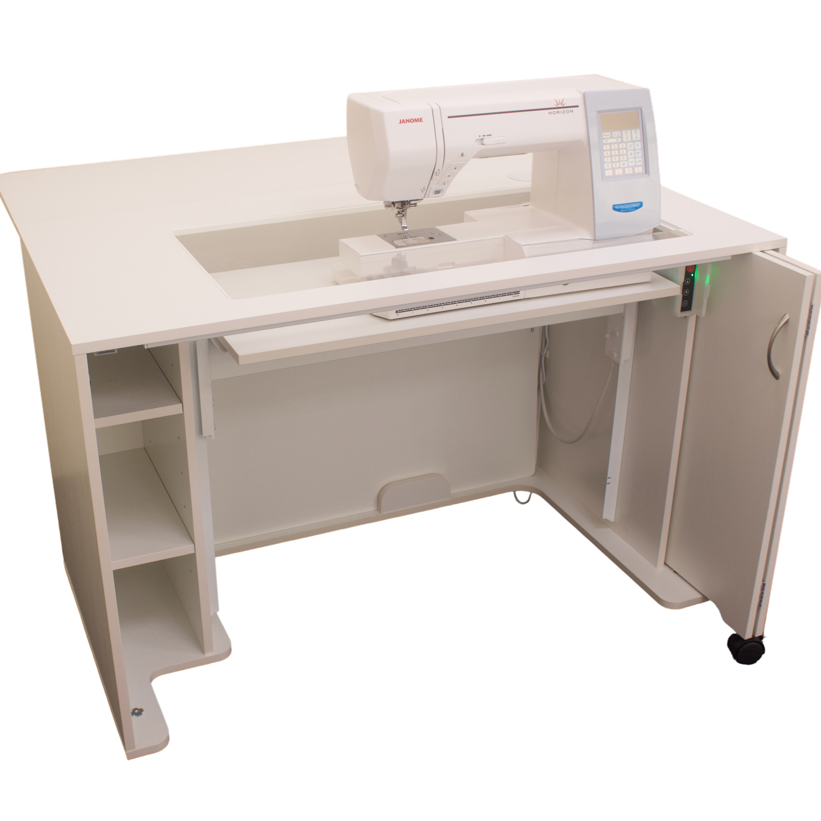 Horn 860 Modular Electric Lift cabinet open with sewing machine on lift