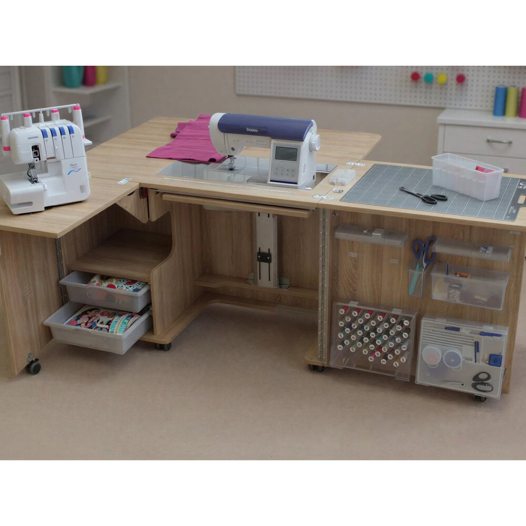 Horn Eclipse XL Maxi Lift sewing cabinet with cutting mat and overlocker