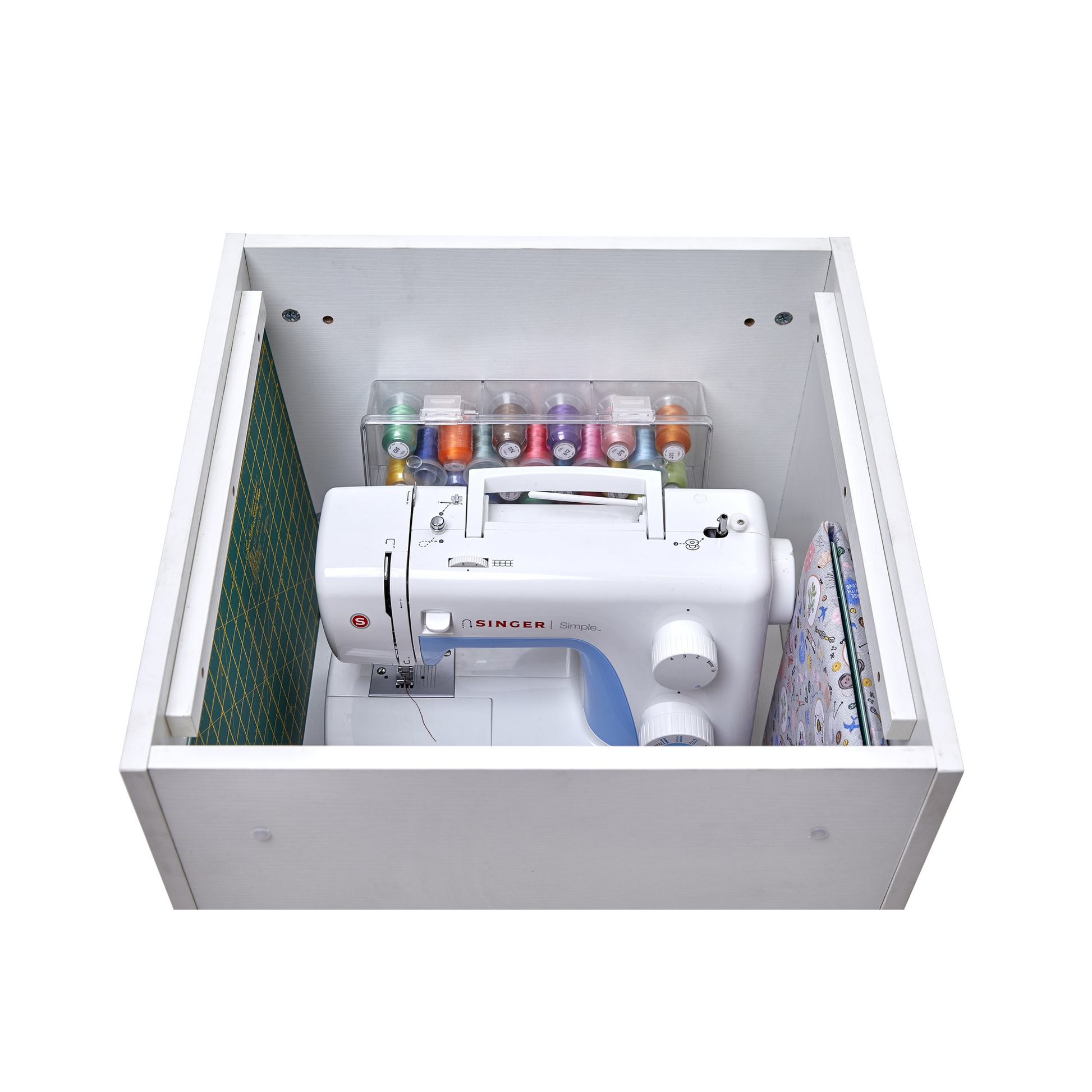 Horn Elements Storage Chest open with sewing machine and thread storage