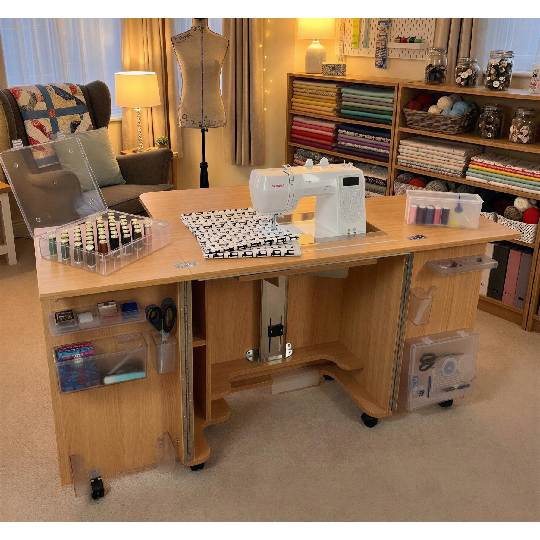 Horn Gemini Long Lift cabinet set up as a sewing studio workstation