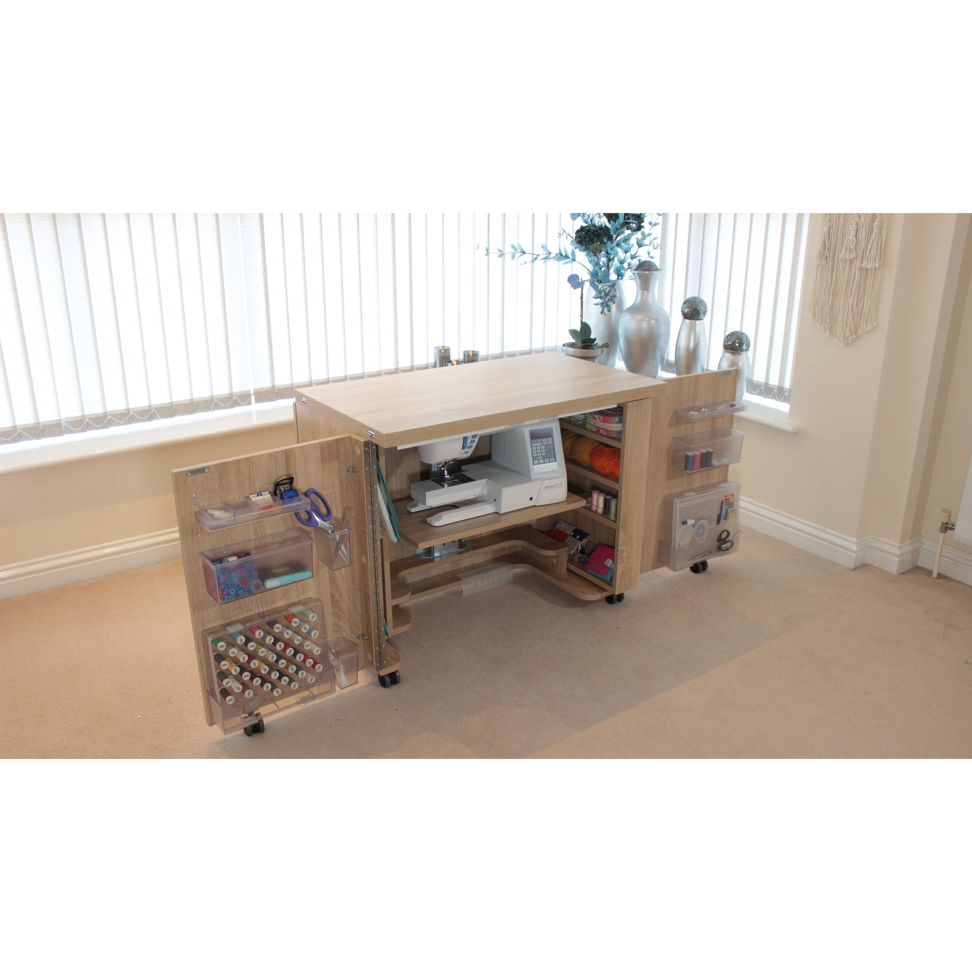 Horn Gemini XL cabinet open with sewing machine and yarn storage shelving