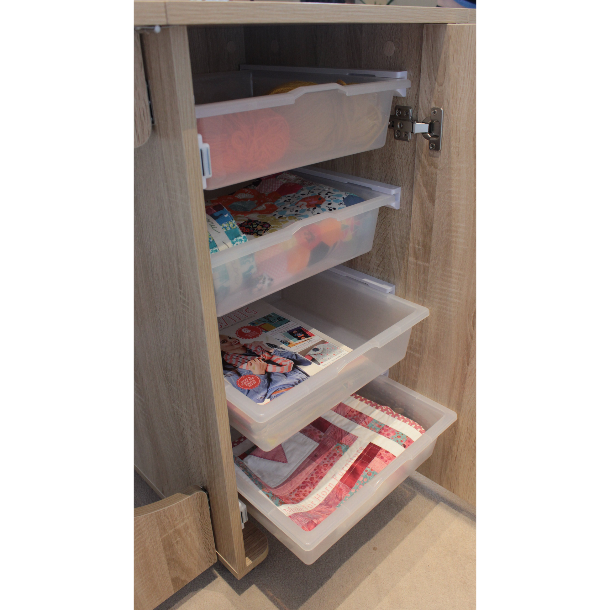 Horn Maxi Hobby Table storage drawers with fabric and craft supplies