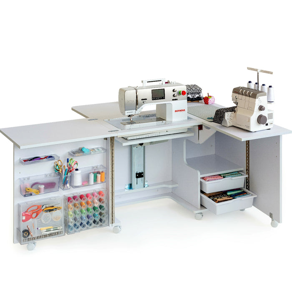 Horn Nova XL cabinet with sewing machine, overlocker, and thread storage