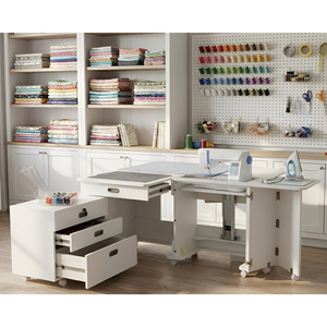 Horn Super-Q MK2 cabinet in a fitted sewing room with fabric storage