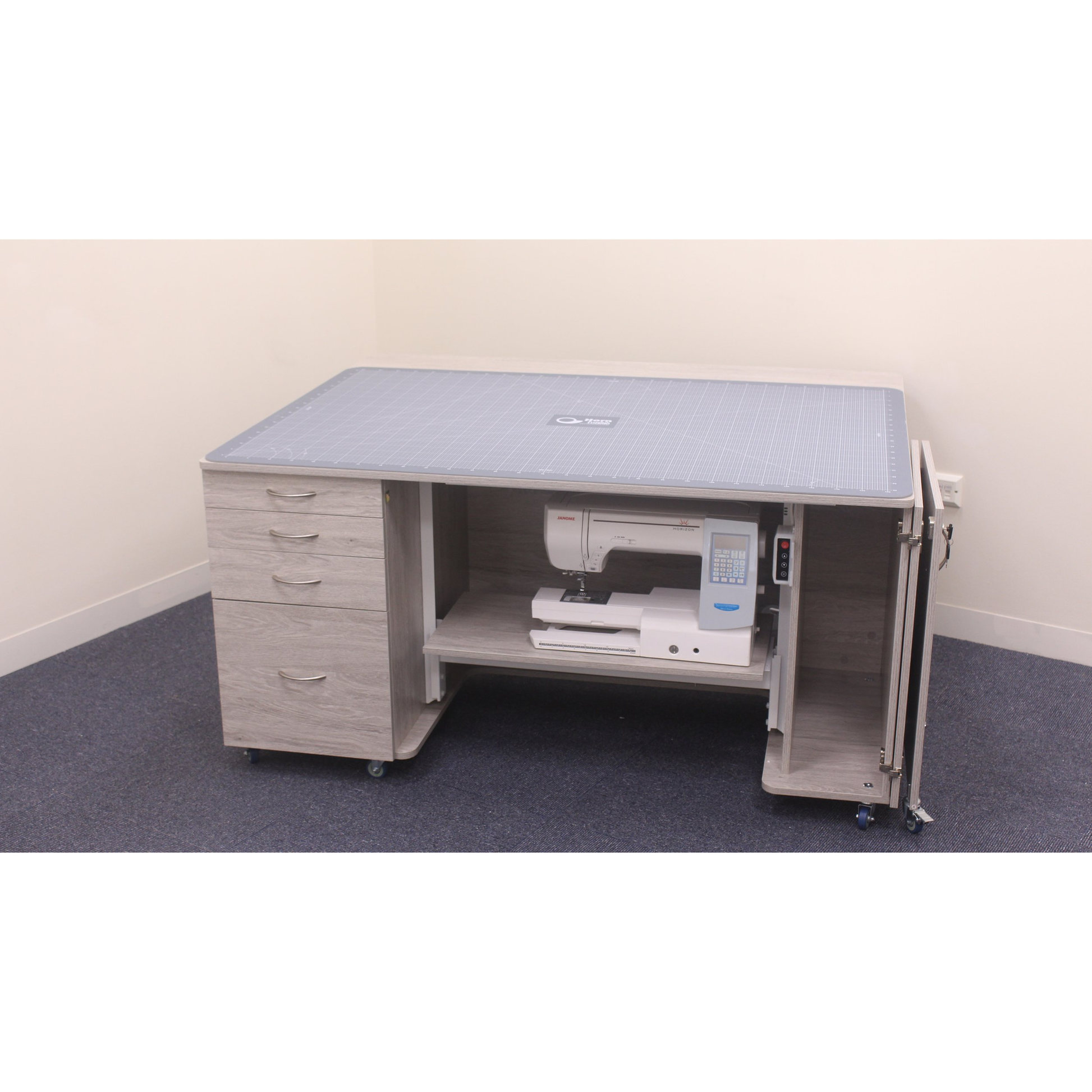 Horn Tasman cabinet open with cutting mat fitted on the worktop