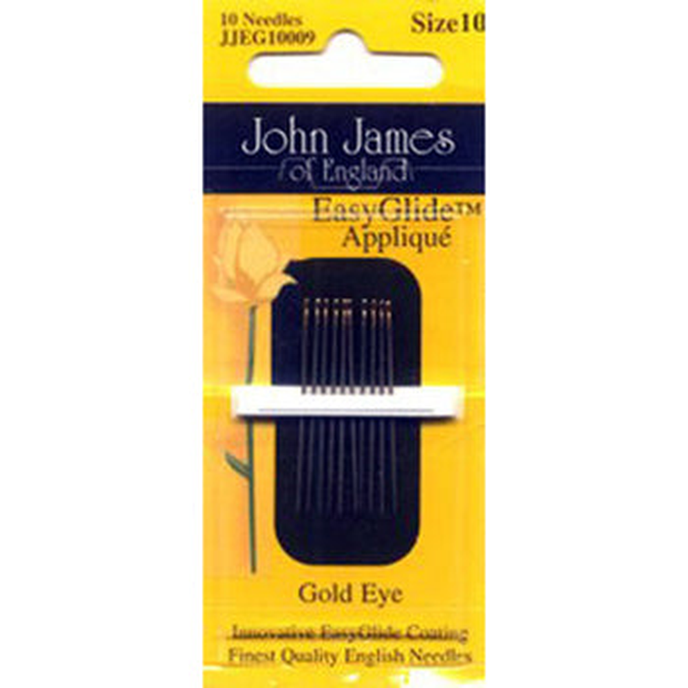 John James Gold'n Glide Appliqu\u00e9 Sharps Needles Size 9 - Pack of 10 - 18 Karat Gold-Coated Hand Sewing Needles
