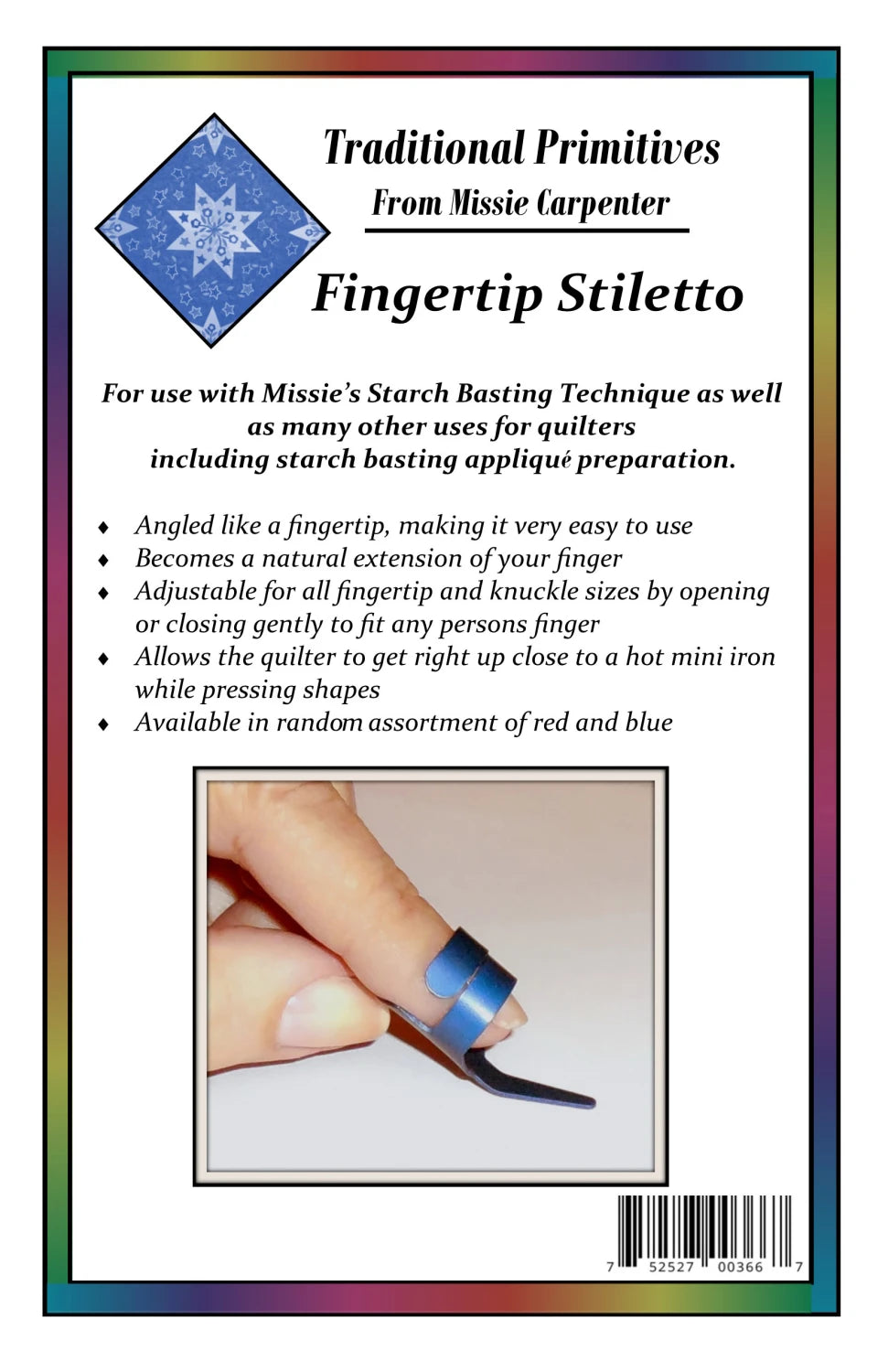 Product packaging for a fingertip stiletto with text and an image of a hand wearing it.