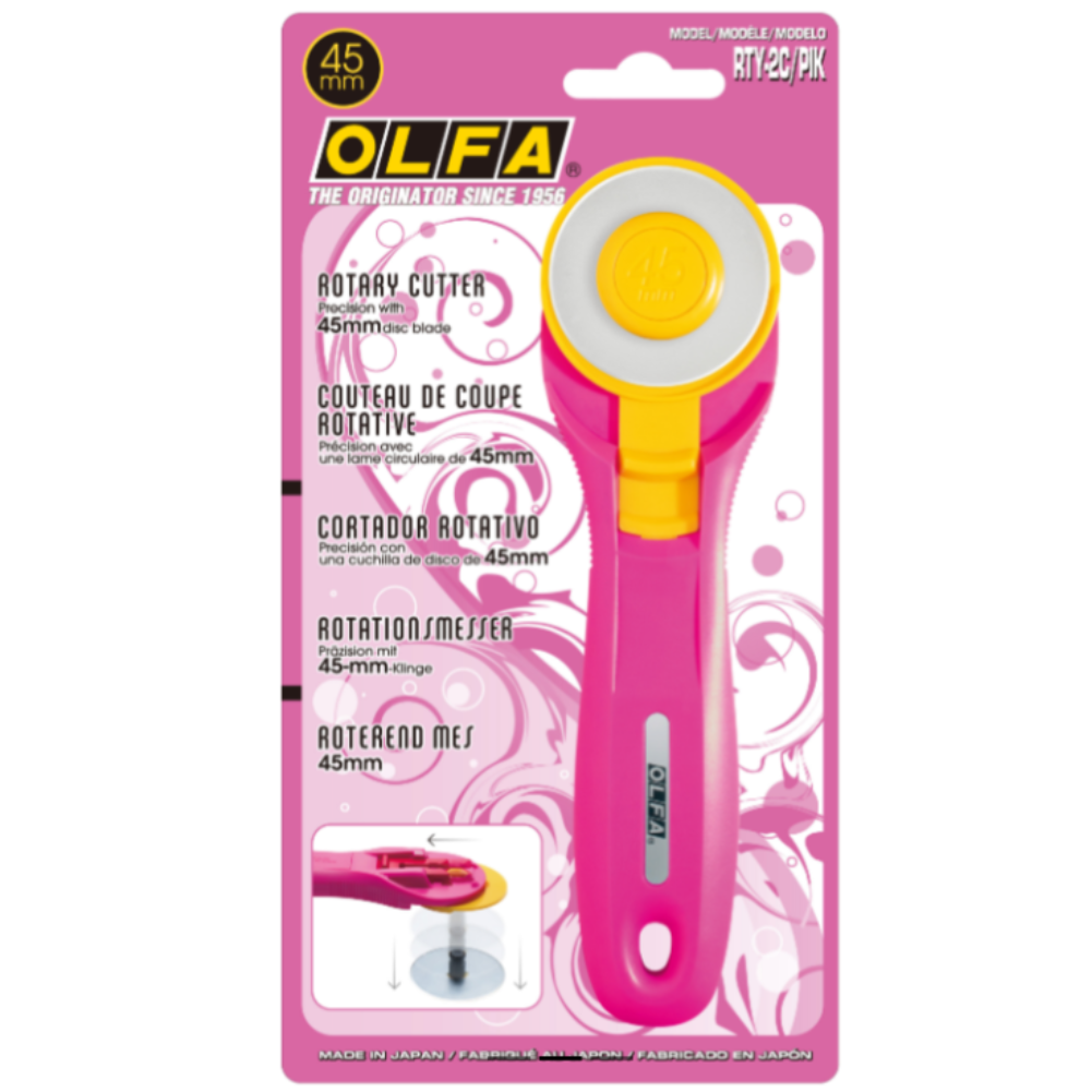 Olfa RTY-2C 45mm Rotary Cutter with built-in blade guard, available in yellow, pink and turquoise

