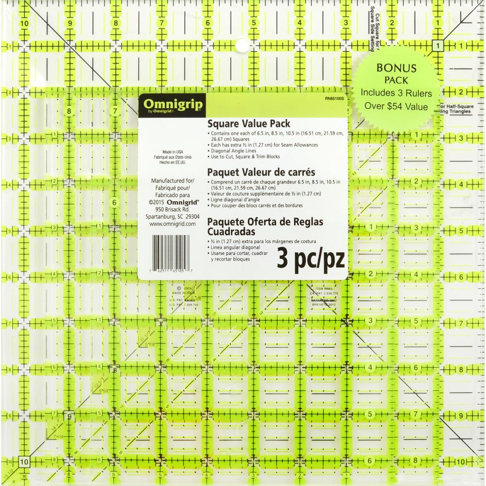 Omnigrid Omnigrip Square Combo Pack 6½", 8½" & 10½" Square Rulers - quilting ruler and template