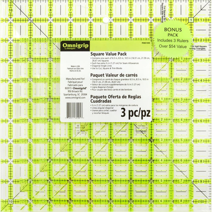 Omnigrid Omnigrip Square Combo Pack 6½", 8½" & 10½" Square Rulers - quilting ruler and template