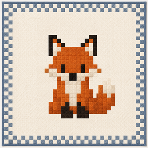 Pixel art quilt of a cute sitting fox in orange, black, and cream fabric squares on a cream background, framed by a navy and cream checkerboard border with slate blue binding