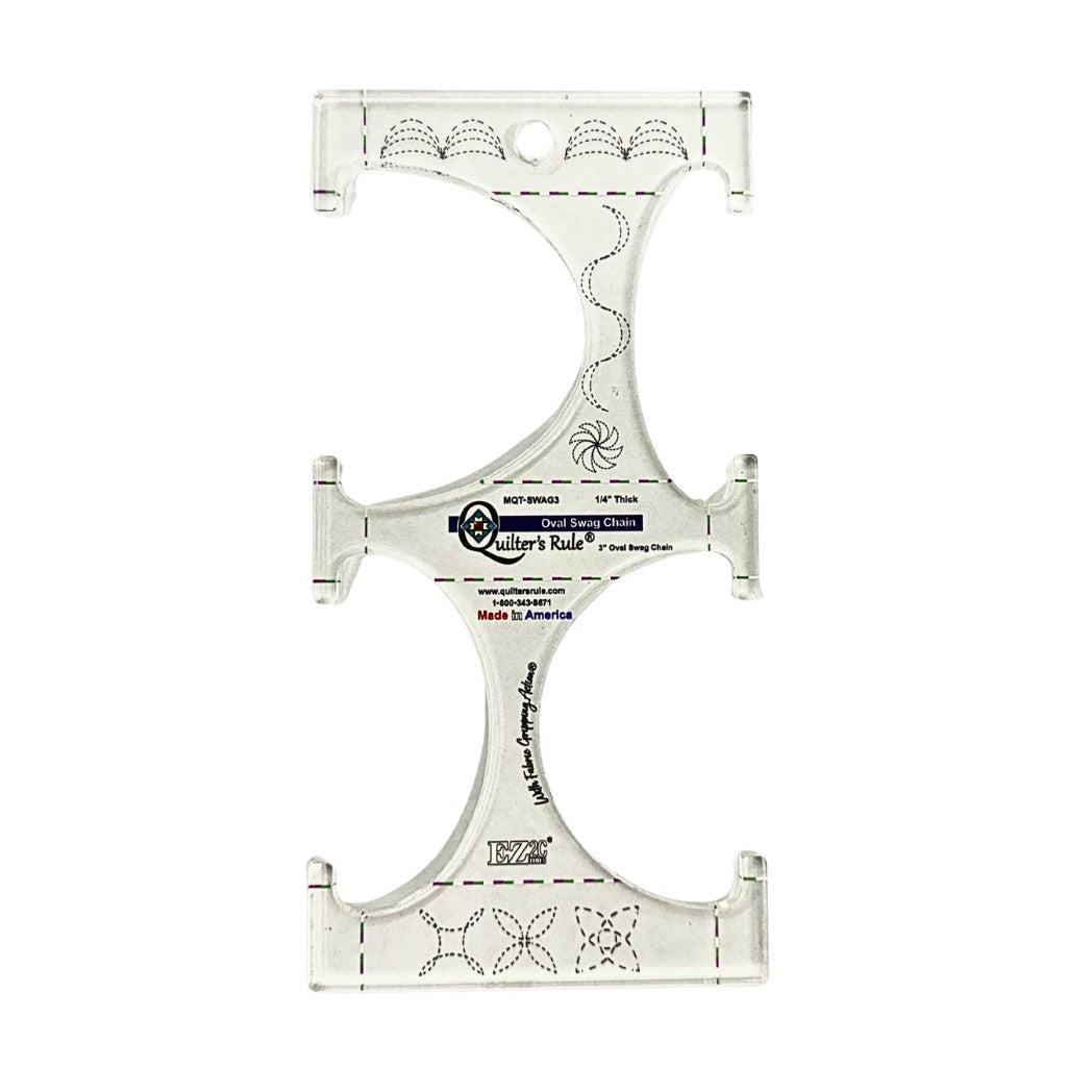 Clear plastic quilting template with four different 3 inch wide arcs that can create an oval pattern. Clear registration mark