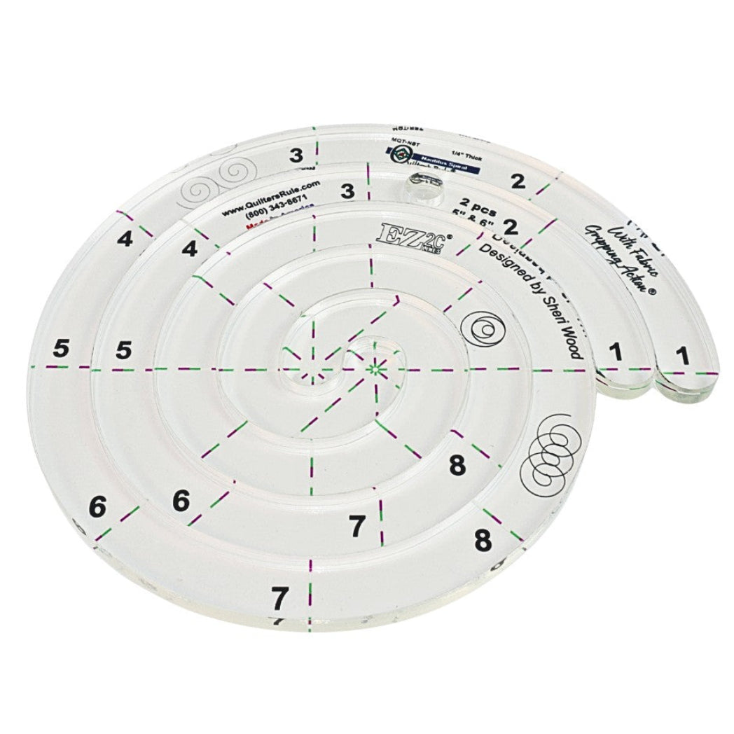 Clear, plastic, spiral shaped quilting template with clearly visible registration marks. Two different sizes in one tool; 5 i