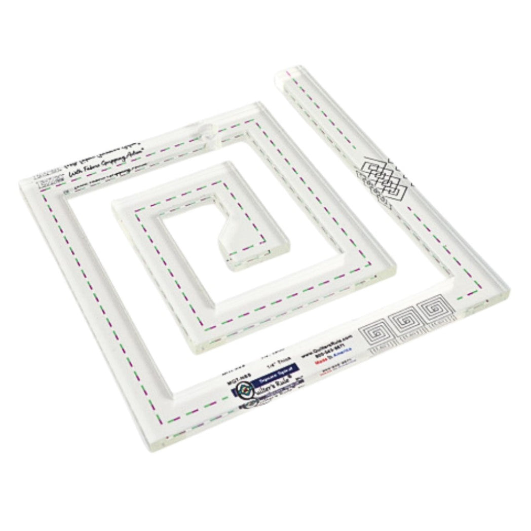 Clear plastic, square spiral shaped quilting template with registration marks  that are easy to see. A non slip backing gives
