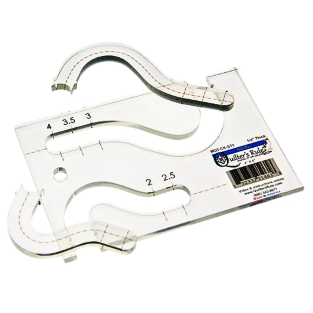 Clear plastic rectangular template with two curved cutouts to create elegant swirl patterns in 2 or 4 inch blocks. It has cle
