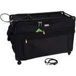 A large black rolling tote bag designed for carrying sewing machines and accessories, with a telescopic pull bar and multiple compartments.