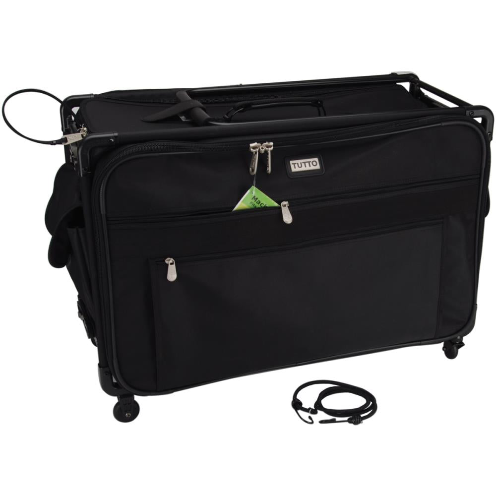 A large black rolling tote bag designed for carrying sewing machines and accessories, with a telescopic pull bar and multiple compartments.