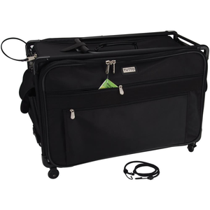 A large black rolling tote bag designed for carrying sewing machines and accessories, with a telescopic pull bar and multiple compartments.