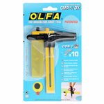 Olfa Delux Ratchet Circular Cutter packaged in a blister pack with yellow, black, and white colors. The cutter is primarily black with yellow accents, and the package includes information about the product and a cover for the blade.