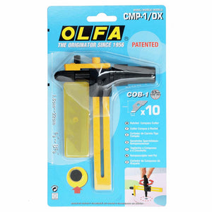 Olfa Delux Ratchet Circular Cutter packaged in a blister pack with yellow, black, and white colors. The cutter is primarily black with yellow accents, and the package includes information about the product and a cover for the blade.